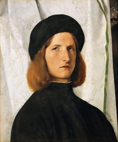 Rinascimento: Ritratto di un giovane uomo contro una tenda bianca da Lorenzo Lotto