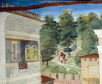 Santa Barbara inseguita nel bosco, Cristo-Vite e Leggenda di Santa Barbara, (dettaglio) da Lorenzo Lotto