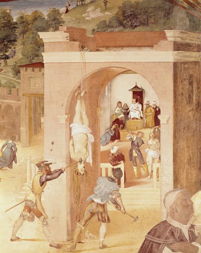 Scene della vita di Santa Barbara, dettaglio di Santa Barbara consegnata al prelato romano Marciano e poi torturata, 1523-24 da Lorenzo Lotto
