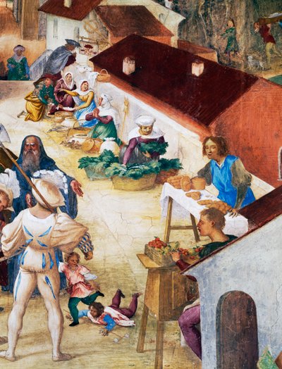 Soldati, contadini e mercato, (dettaglio) dalle Storie di Santa Barbara da Lorenzo Lotto
