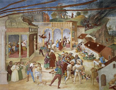 Santa Barbara condotta per le strade della città (dettaglio da Cristo-Vite e Leggenda di Santa Barbara) da Lorenzo Lotto