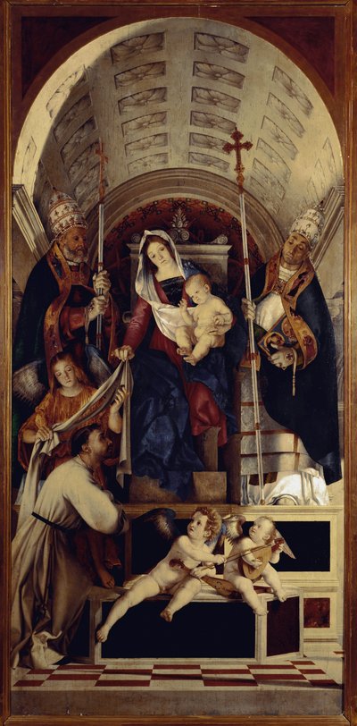 La Vergine e il Bambino con Santa Domenica, San Gregorio e San Urbano - Parte centrale del polittico di Recanati (1508) da Lorenzo Lotto