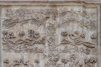 Naamah che insegna a leggere a un bambino e Tubal-cain che batte campane con un martello; Enos, figlio di Seth che disegna con un compasso, Storie della Genesi, bassorilievi di Lorenzo Maitani, primo pilastro, facciata laterale del duomo di Orvieto, Umbria da Lorenzo Maitani