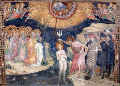 San Giovanni Battista che battezza Gesù, con una rappresentazione della Santissima Trinità (Affresco) da Lorenzo Salimbeni