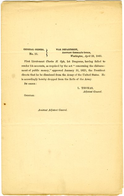 Ordini Generali, No. 11, Dipartimento della Guerra, Ufficio del Generale Aiutante, Washington, 23 aprile 1861 da Lorenzo Thomas