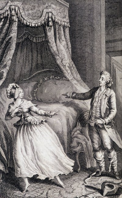 Coppia davanti al letto della camera da letto - in "Les francaises ou 34 examples chosen in the current mores fit to lead daughters, women, wives, mothers" di Restif de La Bretonne (1734-1806), ill. di Binet, Neufchatel da Louis (after) Binet