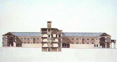Sezione trasversale della nuova prigione di Bruxelles, da Choix des Monuments, Edifices et Maisons les plus remarquables du Royaume des Pays-Bas di Pierre Jacques Goetghebuer, inciso dall