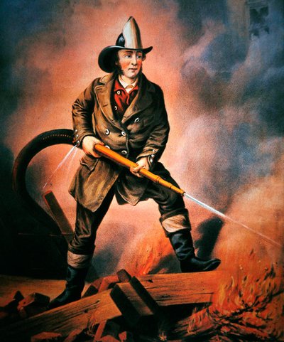 Il pompiere americano: affrontare il nemico, pubblicato da Currier & Ives da Louis (after) Maurer