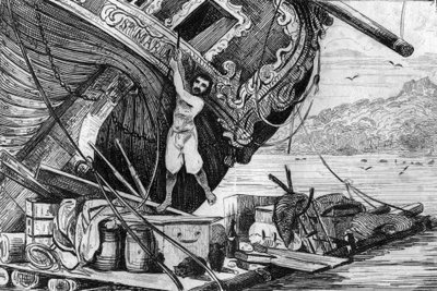 Discesi sulla mia zattera poi mi misi in mare... incisione dal disegno di M. de Sainson per il libro di Daniel Defoe 