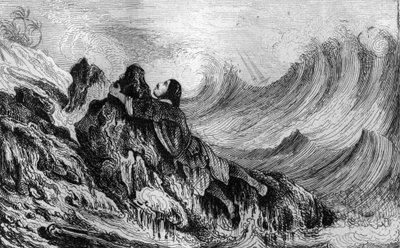 Mi risolsi ad attaccarmi a un punto di roccia... incisione dal disegno di M. de Sainson per il libro di Daniel Defoe 