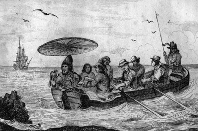 Così lasciai la mia isola incisione dal disegno di M. de Sainson per il libro di Daniel Defoe "Robinson Crusoe" edizione francese del 1837. da Louis Auguste de Sainson