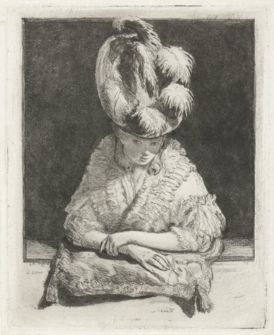 Ritratto di una giovane donna con cappello che guarda fuori dalla finestra da Louis Bernard Coclers