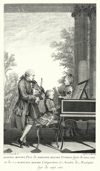 Leopold Mozart che suona musica con sua figlia Marianne e suo figlio Wolfgang (incisione) da Louis Carrogis (after) Carmontelle