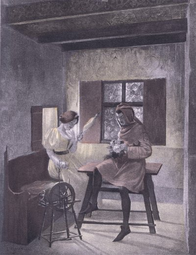 Simona che fila, illustrazione dal Decameron di Boccaccio pubblicata dalla Navarre Society anni 