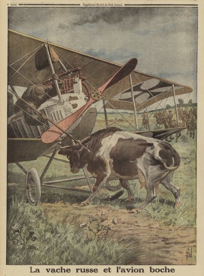 Mucca che impedisce a un aereo tedesco di decollare, Lutsk, Russia, Prima Guerra Mondiale da Louis Charles (after) Bombled