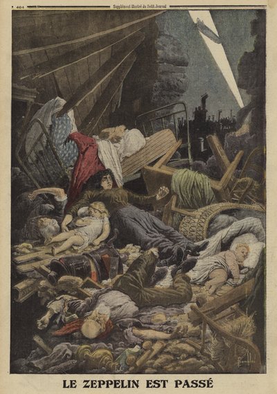 Famiglia uccisa in un raid aereo da un dirigibile tedesco, Prima Guerra Mondiale, 1916 da Louis Charles (after) Bombled