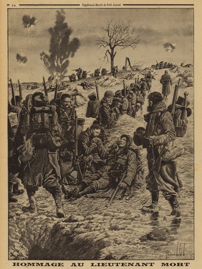 Soldati francesi che rendono omaggio a un tenente caduto in azione, Prima Guerra Mondiale da Louis Charles (after) Bombled