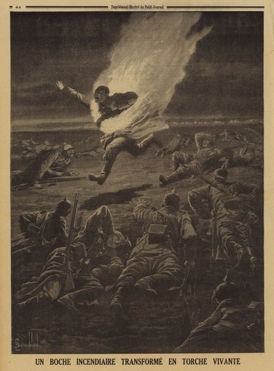 Soldato tedesco che trasporta materiali infiammabili trasformato in una torcia umana durante una battaglia notturna, Prima Guerra Mondiale da Louis Charles (after) Bombled