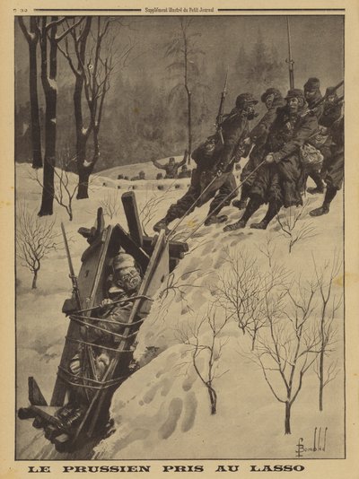 Soldato tedesco in una garitta catturato dai Chasseurs Alpins francesi usando un lazo, Prima Guerra Mondiale da Louis Charles (after) Bombled