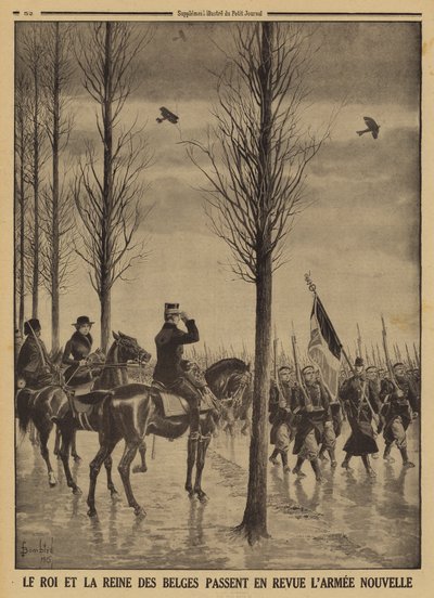 Re Alberto I e la Regina Elisabetta del Belgio che passano in rassegna il loro nuovo esercito, Prima Guerra Mondiale da Louis Charles (after) Bombled