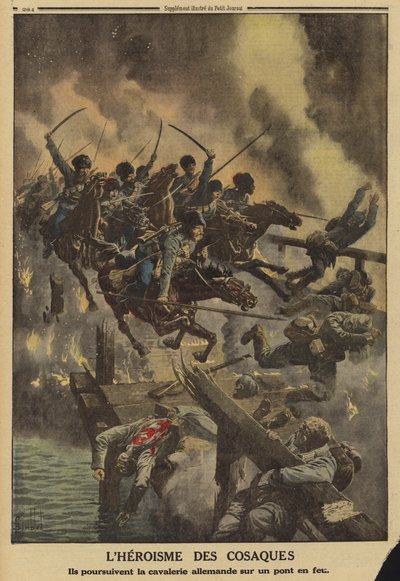 Cosacchi russi che inseguono la cavalleria tedesca attraverso un ponte in fiamme sul fiume Strypa, Prima Guerra Mondiale da Louis Charles (after) Bombled