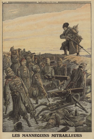 Soldato russo che scopre una trincea tedesca con mitragliatrici manovrate da soldati finti; Prima Guerra Mondiale da Louis Charles (after) Bombled