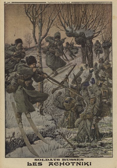 Soldati russi sugli sci che catturano un gruppo di tedeschi, Prima Guerra Mondiale da Louis Charles (after) Bombled