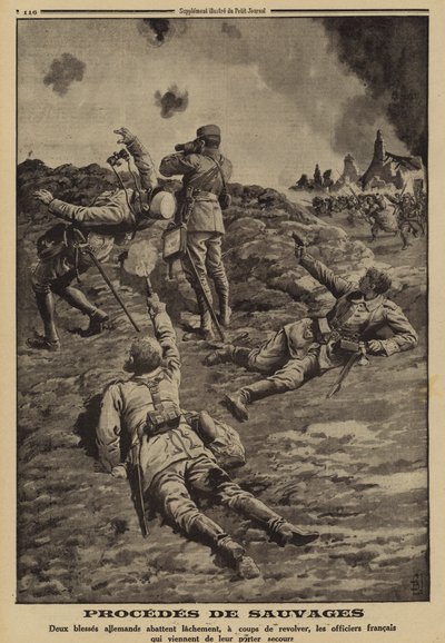 Due soldati tedeschi feriti sparano alle spalle degli ufficiali francesi che li avevano aiutati a rifugiarsi, Prima Guerra Mondiale da Louis Charles (after) Bombled