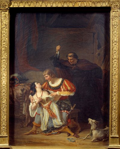 Arcidiacono Frollo ed Esmeralda, Phoebus ed Esmeralda si abbracciano, dietro Phoebus, Claude Frollo appare con un pugnale per uccidere il suo rivale nel cuore della zingara. Illustrazione di 