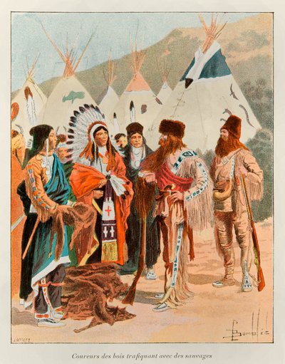 Coureur des bois trafficanti con selvaggi nel XVIII secolo (trapper in Canada); Storia della Nuova Francia di Eugene Guenin - 1900 - Coll, Part. da Louis Charles Bombled