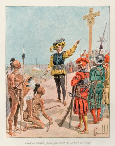 Bombled Louis (1862 - 1927); Jacques Cartier (1491 - 1557) prese possesso della Baia di Gaspé in Canada a nome del Re di Francia, Francesco I nel 1534 (Cartier punta lo stemma della Francia sulla croce che aveva piantato); Storia della Nuova Francia da Louis Charles Bombled