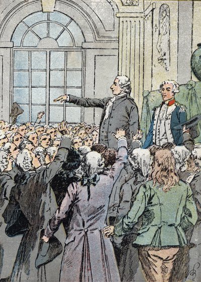 Rivoluzione Francese: Il deputato Jean Sylvain Bailly (1736-1793) eletto sindaco di Parigi il 15/07/1789 alla presenza di La Fayette da Louis Charles Bombled