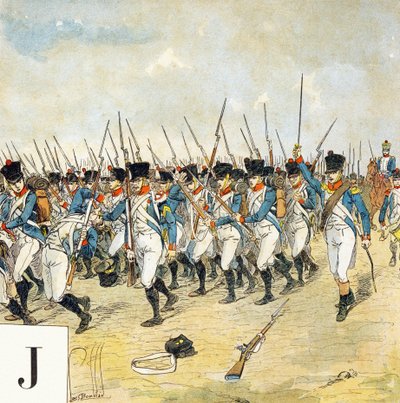 Lettera J: Guardia giovane, "Je serai soldat" - Alfabeto militare da Louis Charles Bombled