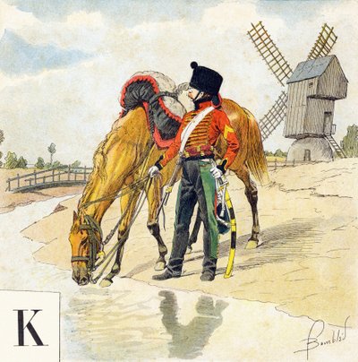 Lettera K: Kolbach, cappello dei cavalieri francesi del primo e secondo impero, "Je serai soldat" - Alfabeto militare da Louis Charles Bombled