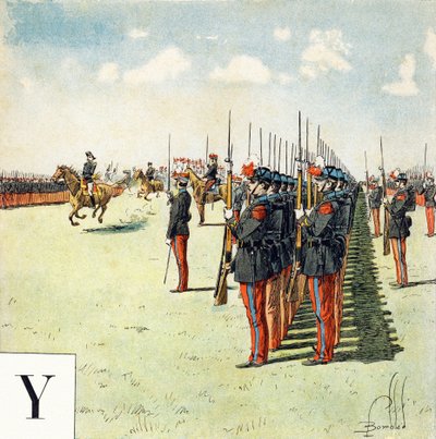Lettera Y: studenti della scuola militare di Saint Cyr, "Sarò soldato" - Alfabeto militare da Louis Charles Bombled