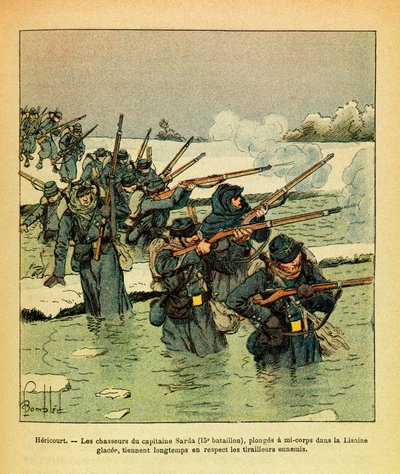 Gennaio 1871, Hericourt, i cacciatori del capitano Sarda si immergono a metà corpo nel ghiaccio Lisaine, tenendo a lungo il nemico da Louis Charles Bombled