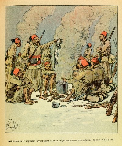 Gennaio 1871, i Turcos del 1° reggimento bivaccano nella neve, in camicie e pantaloni di tela e a piedi nudi da Louis Charles Bombled