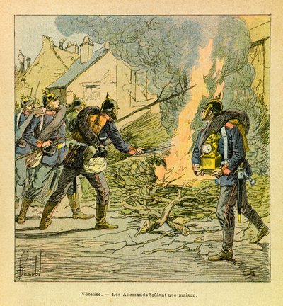 A Vezelise, i prussiani dopo aver invaso la città, bruciano una casa da Louis Charles Bombled