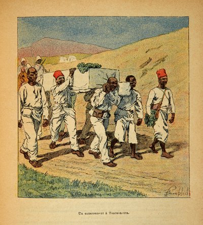 La guerra in Madagascar - Storia aneddotica delle spedizioni francesi del 1885-1895 di Henri Galli detto Galllichet, illustrato da Louis Bombled: Sepoltura di un soldato a Tsarasaotra nel 1895 da Louis Charles Bombled