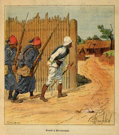 La guerra in Madagascar - Storia aneddotica delle spedizioni francesi del 1885-1895 di Henri Galli detto Galllichet, illustrato da Louis Bombled: Truppe francesi entrano nel villaggio di Mevatanana nel 1895 da Louis Charles Bombled