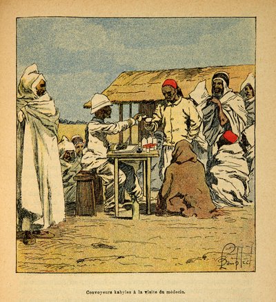 La guerra in Madagascar - Storia aneddotica delle spedizioni francesi del 1885-1895 di Henri Galli dit Galllichet (1854-1922), illustrata da Louis Bombled (1862-1927): Convoyeurs Kabiles, visita di un medico militare da Louis Charles Bombled