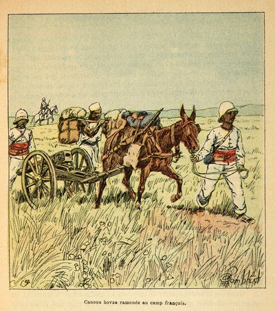 La guerra in Madagascar - Storia aneddotica delle spedizioni francesi del 1885-1895 di Henri Galli dit Galllichet (1854-1922), illustrata da Louis Bombled (1862-1927): Cannoni Hovas riportati al campo francese da Louis Charles Bombled
