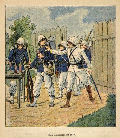 La guerra in Madagascar - Storia aneddotica delle spedizioni francesi del 1885-1895 di Henri Galli dit Galllichet (1854-1922), illustrata da Louis Bombled (1862-1927): Truppe francesi al veleno Shaw nel 1884 (pastore metodista inglese che aveva lasciato bo da Louis Charles Bombled