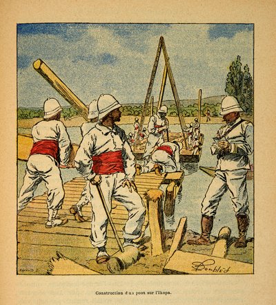 La guerra in Madagascar: Storia aneddotica delle spedizioni francesi del 1885-1895 di Henri Galli, illustrata da Louis Bombled: Costruzione di un ponte sul fiume Ikopa nel 1895, Collezione privata da Louis Charles Bombled