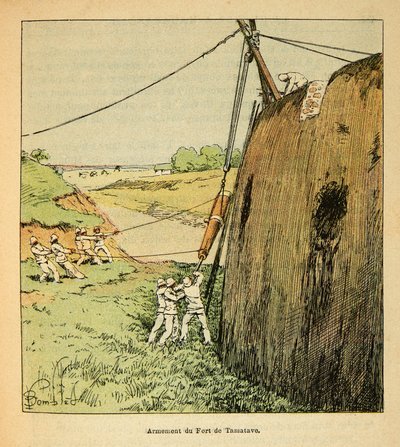 La guerra in Madagascar: Storia aneddotica delle spedizioni francesi del 1885-1895 di Henri Galli, illustrata da Louis Bombled: Armamento del Forte di Tamatave da parte delle truppe francesi nel 1895, Collezione privata da Louis Charles Bombled