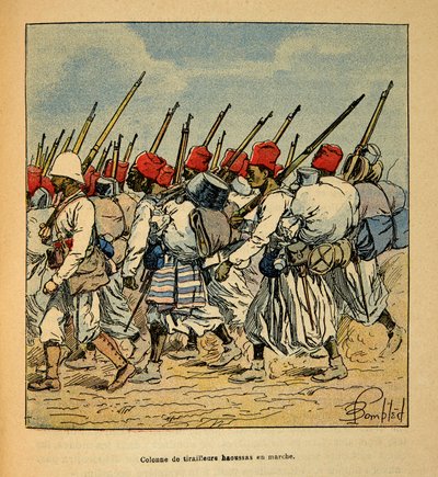 La guerra in Madagascar - Storia aneddotica delle spedizioni francesi del 1885-1895 di Henri Galli detto Galllichet (1854-1922), illustrato da Louis Bombled (1862-1927): Colonna di tiratori Haoussas in marcia nel 1895 da Louis Charles Bombled