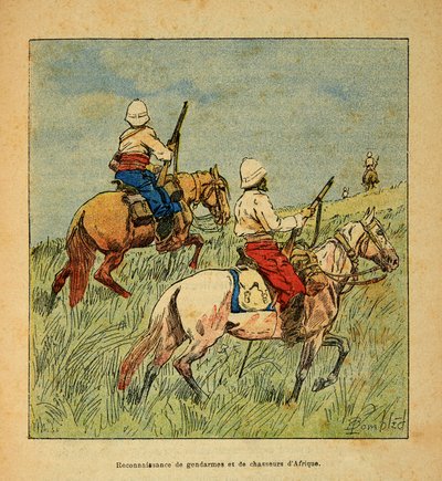La guerra in Madagascar-Storia aneddotica delle spedizioni francesi del 1885-1895 di Henri Galli, illustrato da Louis Bombled: Riconoscimento di gendarmi e cacciatori dall