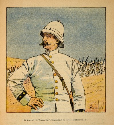 La guerra in Madagascar-Storia aneddotica delle spedizioni francesi del 1885-1895 di Henri Galli, illustrato da Louis Bombled: Ritratto del generale De Torcy (1844-1918), capo di stato maggiore della forza di spedizione in Madagascar da Louis Charles Bombled