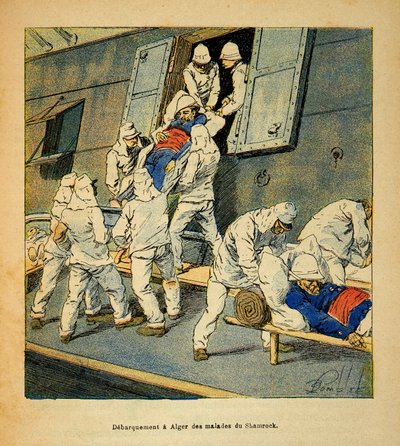 La guerra in Madagascar-Storia aneddotica delle spedizioni francesi del 1885-1895 di Henri Galli, illustrato da Louis Bombled: Sbarco ad Algeri nel 1895 delle truppe malate della nave ospedale Shamrock da Madagascar da Louis Charles Bombled
