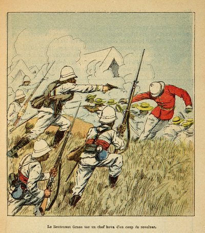 La guerra in Madagascar-Storia aneddotica delle spedizioni francesi del 1885-1895 di Henri Galli, illustrato da Louis Bombled: Il tenente Grss uccide un capo Hova durante le battaglie di Tsarasaotra nel 1895 da Louis Charles Bombled